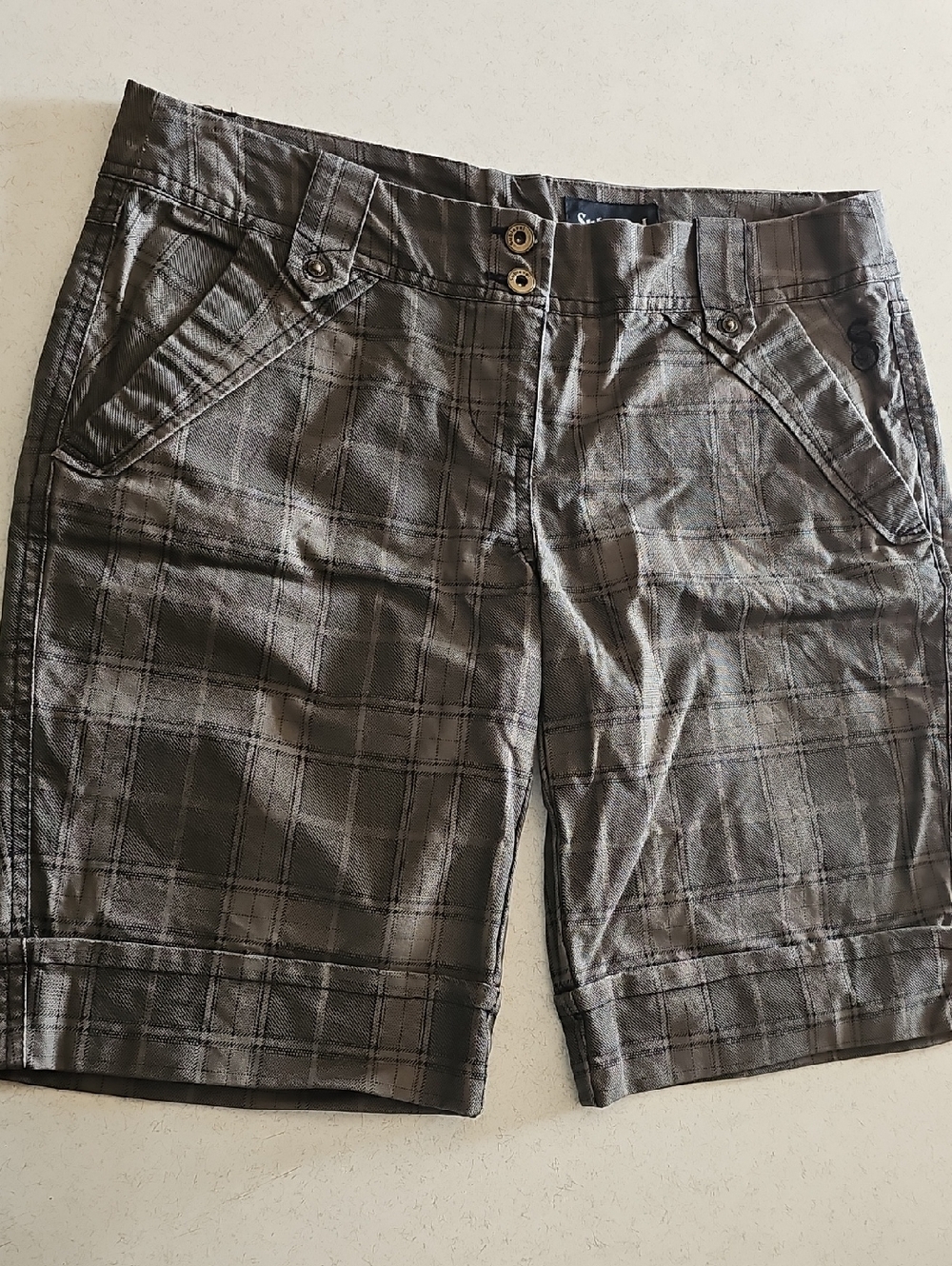 Sublevel Women’s Plaid Gray Bermuda Shorts with Button Waist